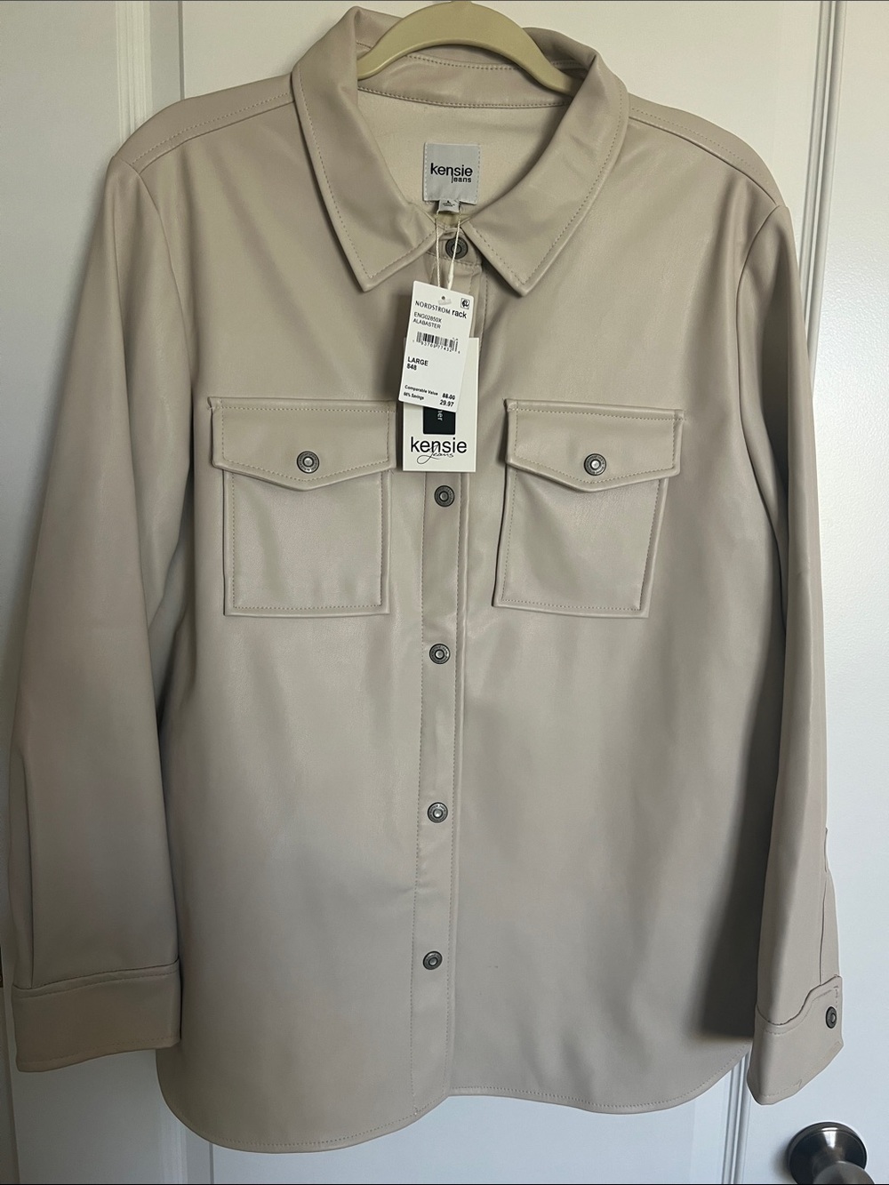 Kensie Faux Leather Button-Front Shacket in Taupe